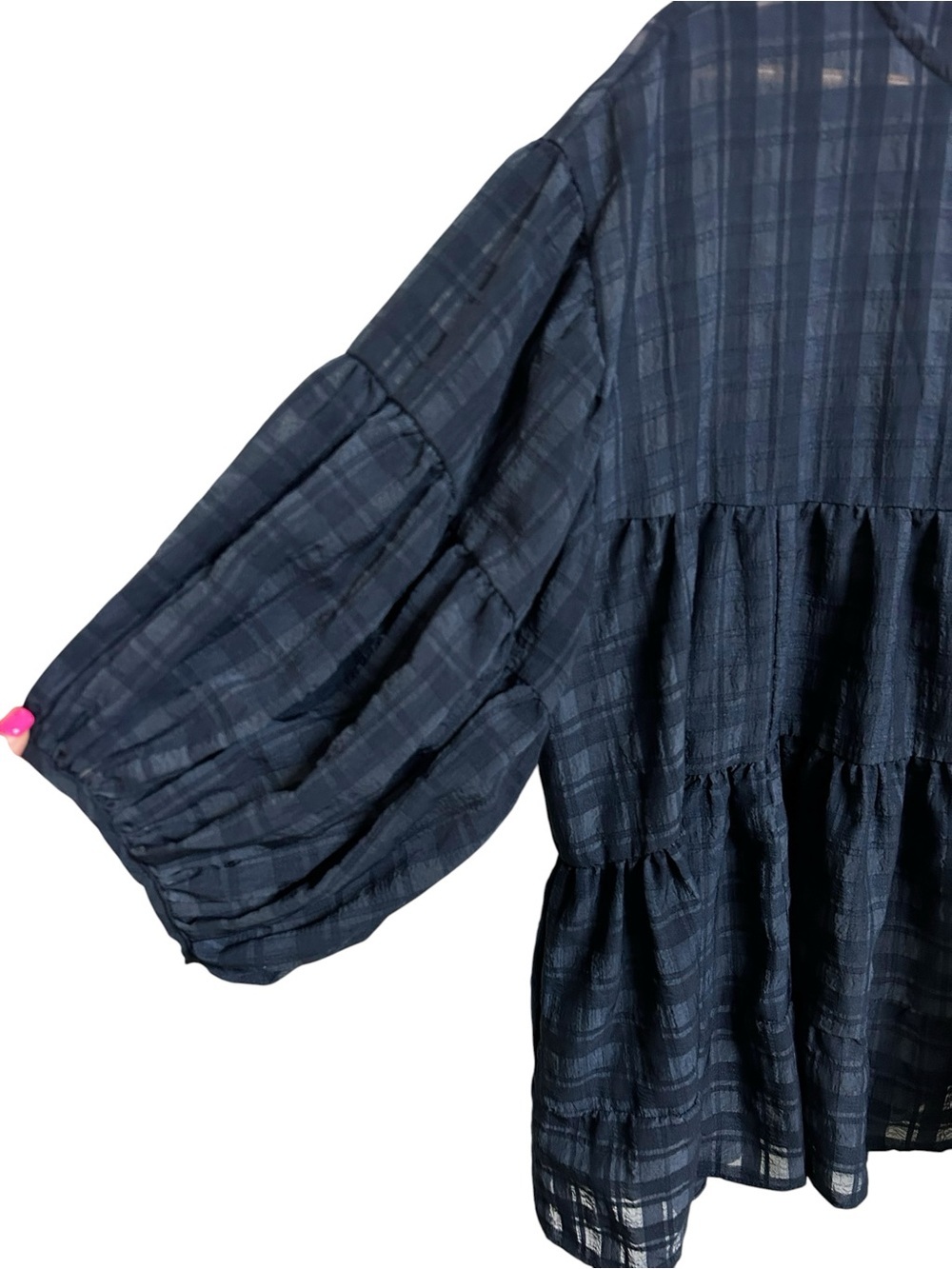 Day + Moon Navy Blue Plaid Babydoll Mini Dress Size Large Boho Puff Sleeve - Picture 4 of 6